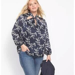 Lane Bryant Twist Mock Neck Blue Leaf Cutout Layered Blouse Plus Size 16